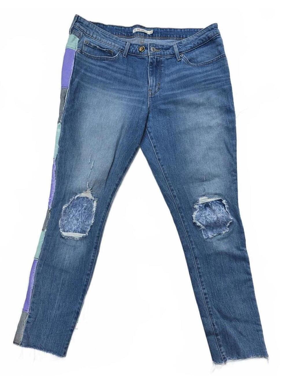 Upcycled Levi's 711 Skinny Jeans Distressed With MultiColor Patchwork Size 34x27